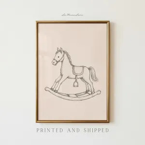 Vintage Rocking Horse Print | Storybook Nursery Wall Art | Beige Sketch Toddler Room Decor | Etsy (Global)