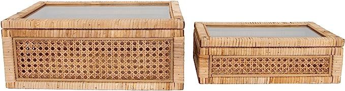 Creative Co-Op Woven Rattan Display Boxes with Glass Lids & Fir Wood Frame (Set of 2 Sizes) | Amazon (US)