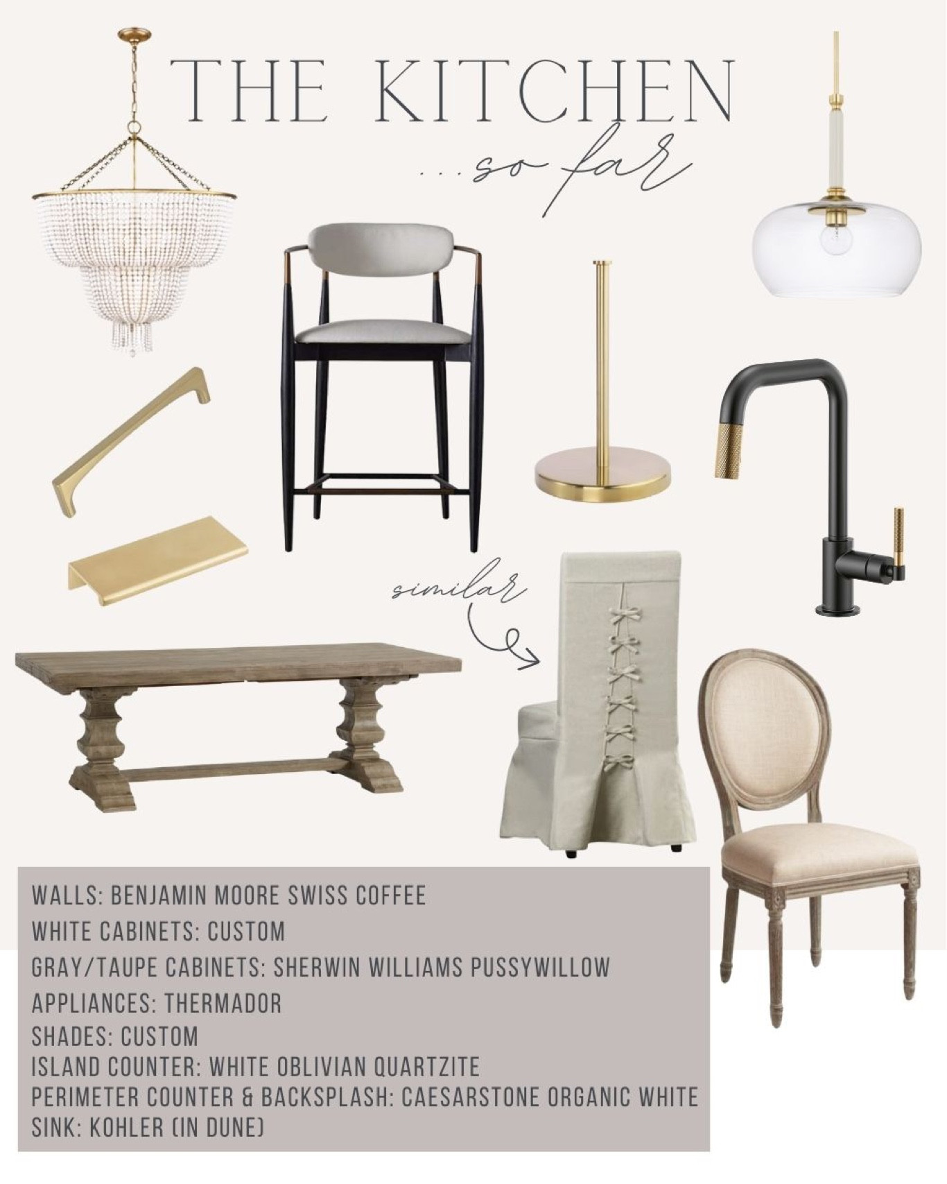 Kitchen design, Kitchen decor, Kitchen remodel, home build, kitchen light, pendants, chandelier, pottery barn, arhaus, gold knobs, Benjamin Moore Swiss coffee 

#LTKhome