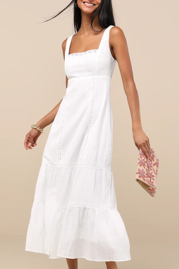 Esmeray White Lace Sleeveless Tiered Midi Dress | Lulus