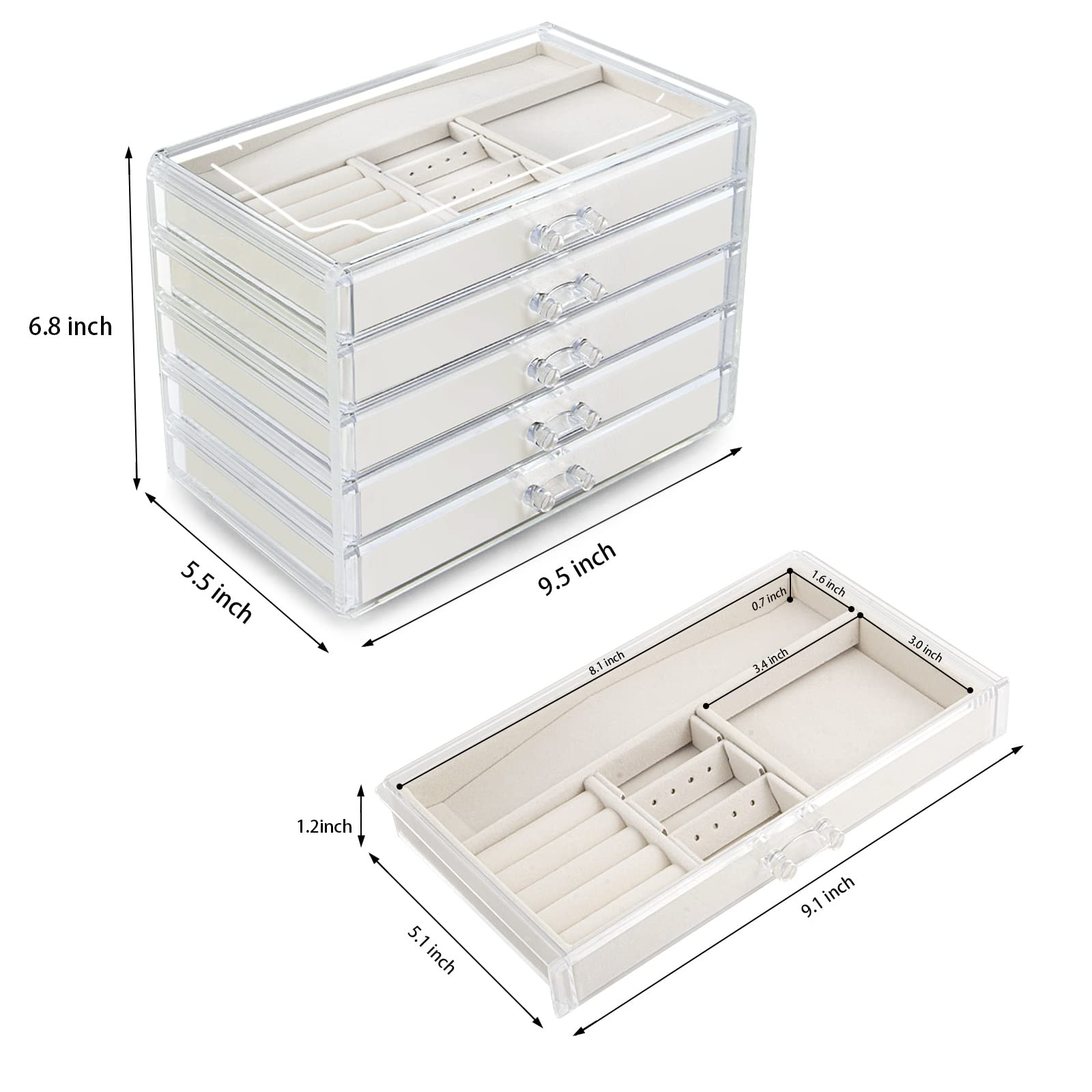 Acrylic Jewelry Organizer with 5 Drawers, Large Clear Jewelry Boxes for Women Gifts, Velvet jewlwey  | Amazon (US)