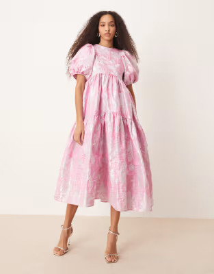 Sister Jane puff sleeve jacquard midi dress in bright pink floral | ASOS | ASOS (Global)