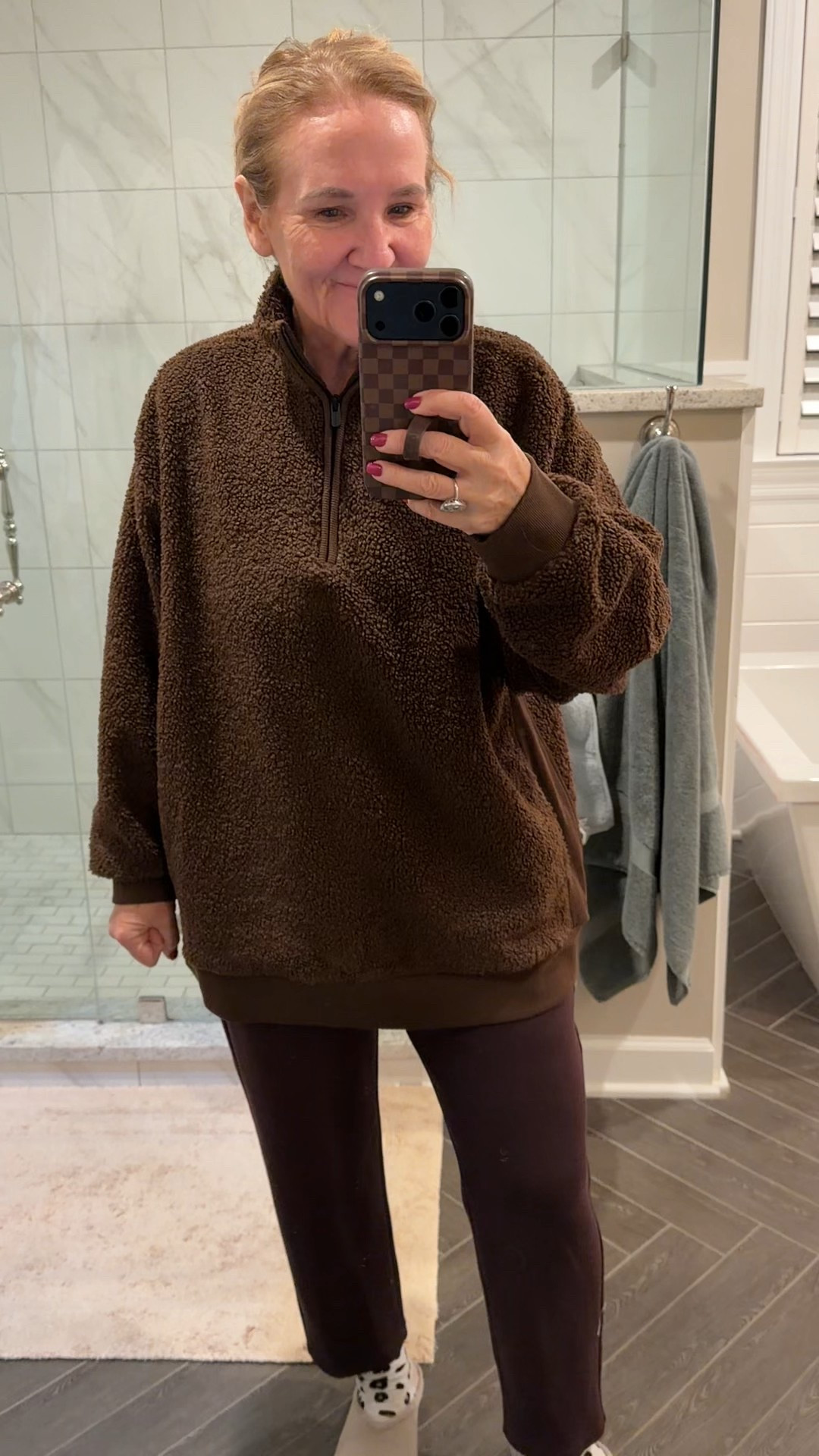 Athleta Sherpa size medium 
Ill link a few other cozies too in brown 
Spanx air essential straight leg size medium 
Rothy clogs size down 
Just did my night skincare. I’ll link that too 

#LTKselfcare #LTKOver40 #LTKSaleAlert