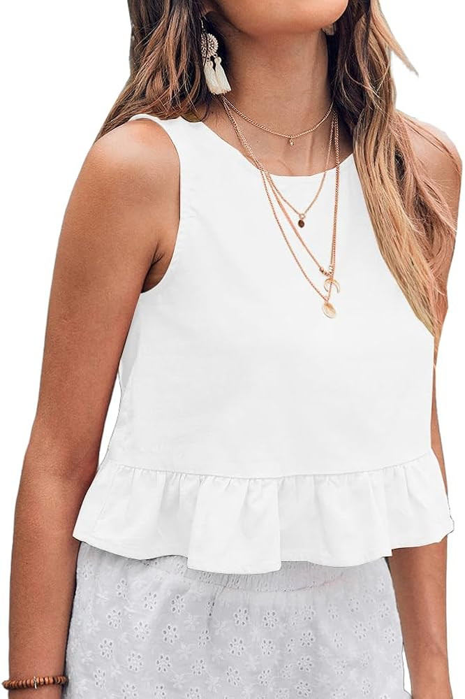 IDEALSANXUN Womens Linen Tank Tops Crewneck Ruffle Cropped Cute Sleeveless Shirts Blouses | Amazon (US)