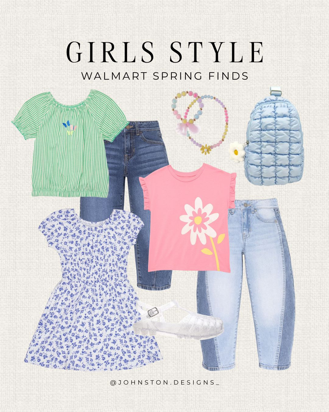 Girls spring style at Walmart. 🌸 Playful prints, comfy denim and cute everyday favorites.

Walmart kids, girls outfits, spring wardrobe, floral dress, butterfly top, graphic tee, stretch jeans, cropped denim, jelly sandals, beaded jewelry, school look, weekend wear, budget friendly, trendy finds. 

 #LTKootd #LTKKids