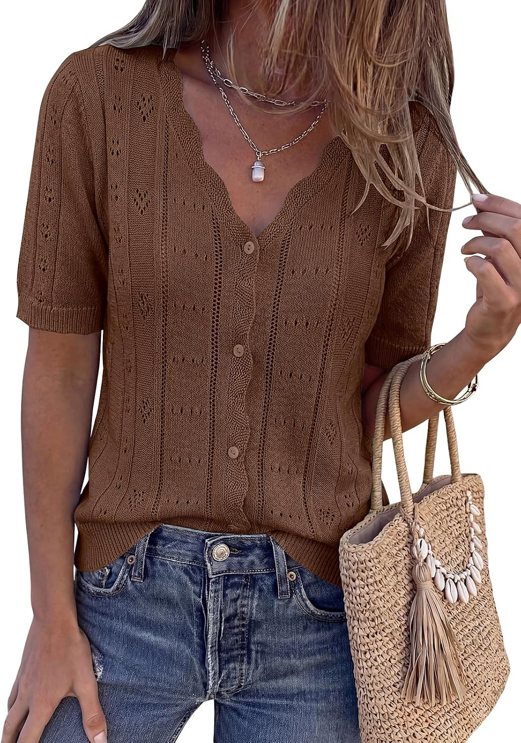 PRETTYGARDEN Womens Short Sleeve Crochet Knit Sweater Summer Fashion 2026 Button Down Lightweight Cardigans Summer Tops | Amazon (US)