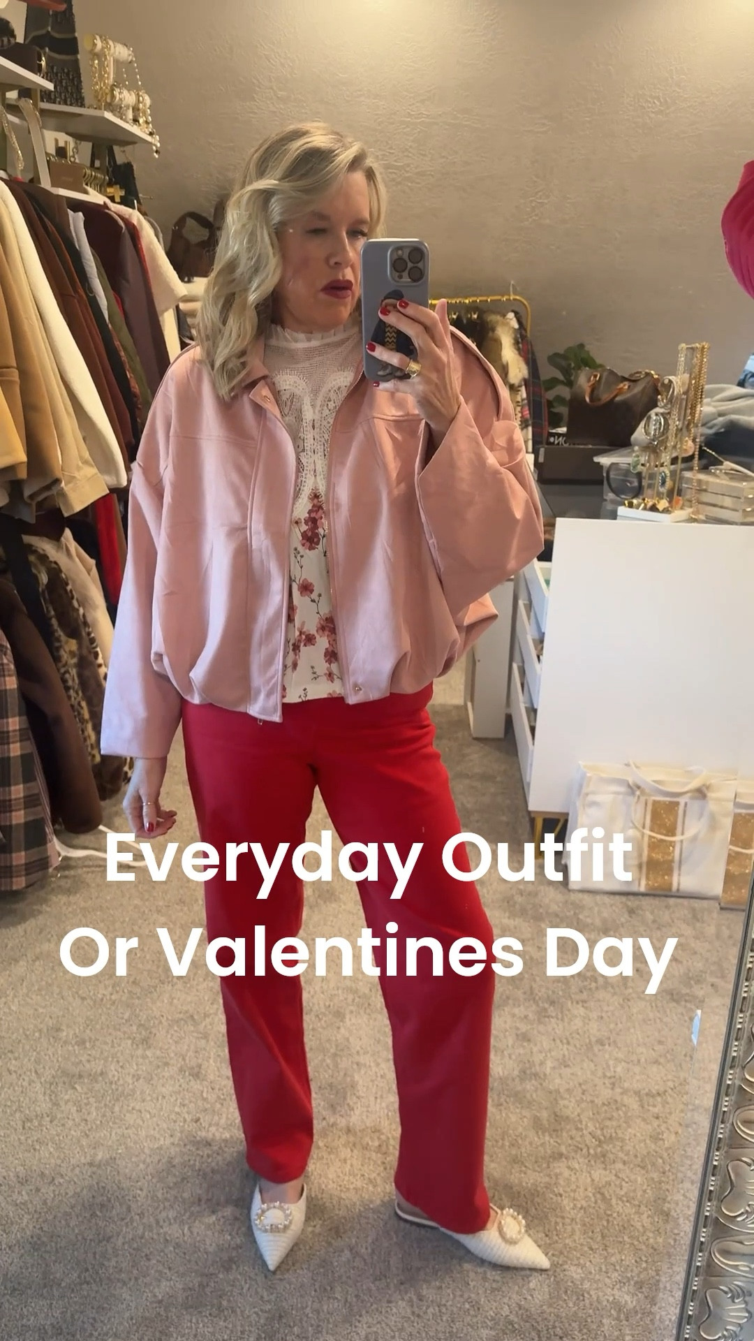 Outfit inspo 
Pink and red ❤️🎀
And floral print

Cute for Valentine’s Day ❤️🎀
Cute for everyday and a great light layer✔️

-Pink suede light weight viral hip length jacket, fits tts in a med and comes in several colors I love it so much I have in 3 colors 
Affordable and great quality Amazon find

-Viral lace bodice top with floral pattern below, babydol style but hip length, great quality, light weight, not itchy and tts in a med comes in several color combos, fabrics solids etc 

The best NEW arrival from Spanx
These red straight leg jeans, fits tts so good and very comfortable! Zip up, one button and in a med!❤️ red is so hot for Spring and you’ll wear these on repeat like I have been✔️
Use Code: Deardarcyxspanx to save 15% 

Tweed and peal Steve Madden slides/mules comfy and so cute (I got these at the Nordstrom sale over summer… I’ll like similar 

Pearl earrings 

#LTKootd #LTKValentine #LTKOver40