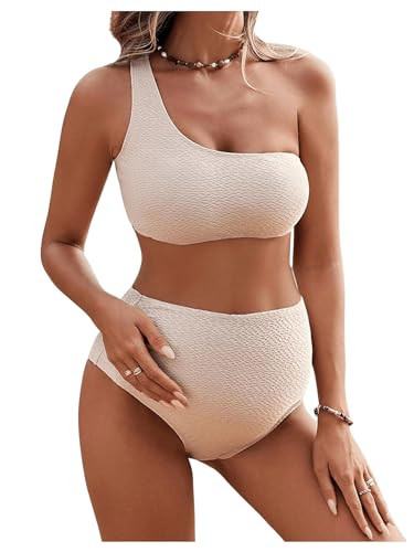 MakeMeChic Women's Maternity 2 Piece Bikini Set Beach One Shoulder Textured Wireless High Waist Pregnancy Swimsuit Beige Small | Amazon (US)