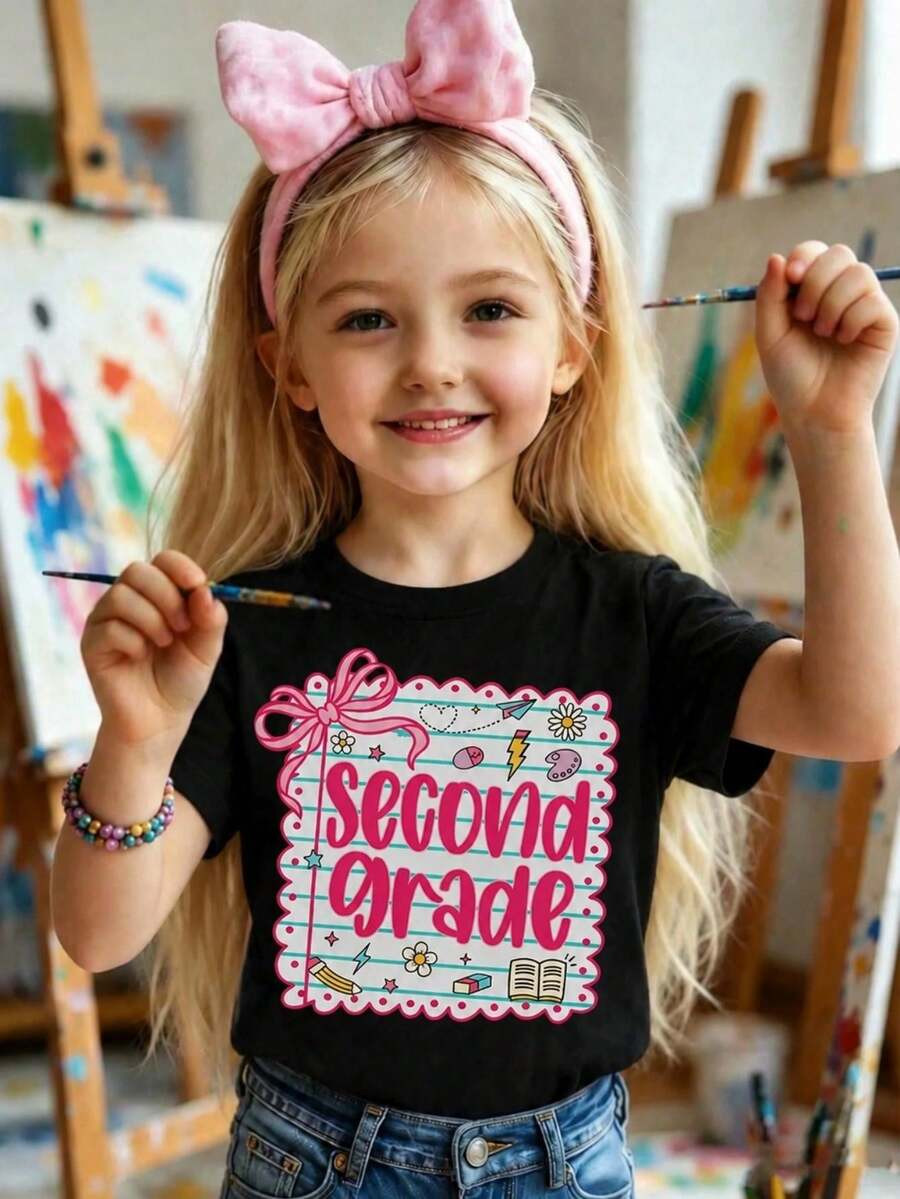 Second Grade Cartoon Bow Frame Graphic T Shirts, Cute Tops For Girls, Tween Girl Clothes, Back To School Kids Girls Clothing, Casual Daily Girls | SHEIN