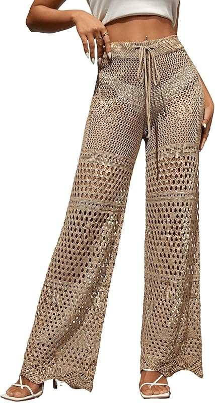 MakeMeChic Women's Cover Up Pants Drawstring Crochet Knitted Sheer Beach Cover Up Pants Swimwear | Amazon (US)