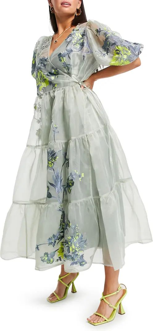 ASOS DESIGN Embroidered Organza Tiered Wrap Dress | Nordstrom | Nordstrom