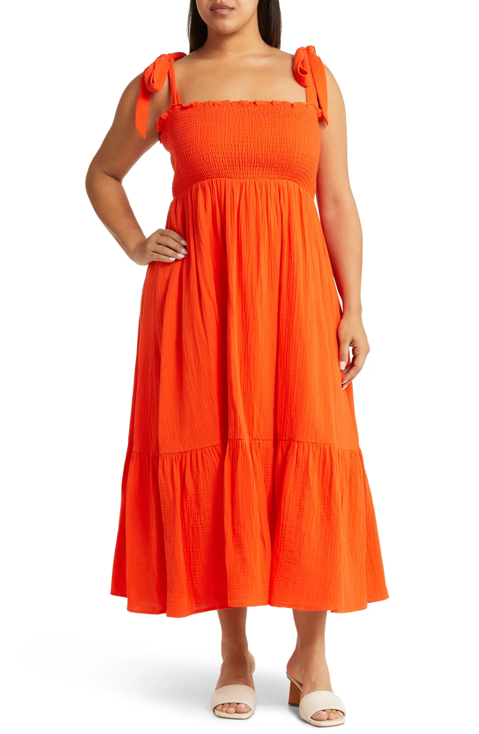 Smocked Tie Strap Cotton Gauze Midi Sundress | Nordstrom