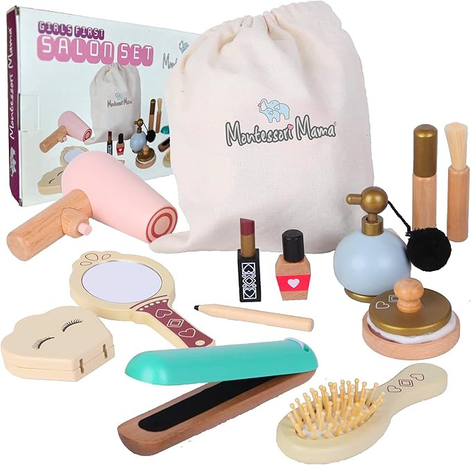 Montessori Mama Makeup and Salon Set - Wooden Pretend Play Beauty Play Makeup Kit with Styling To... | Amazon (US)