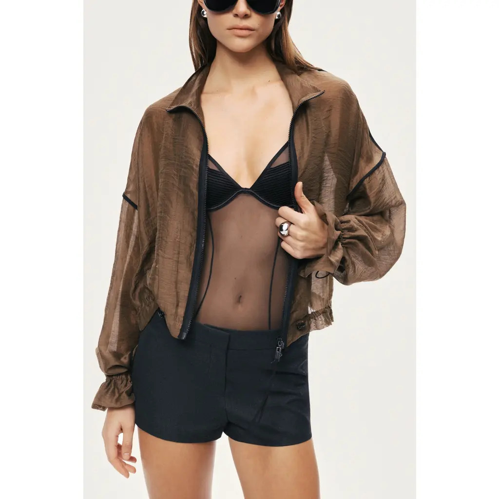 Nocturne Sheer Zip Front Jacket in Camel at Nordstrom, Size Medium/large | Nordstrom