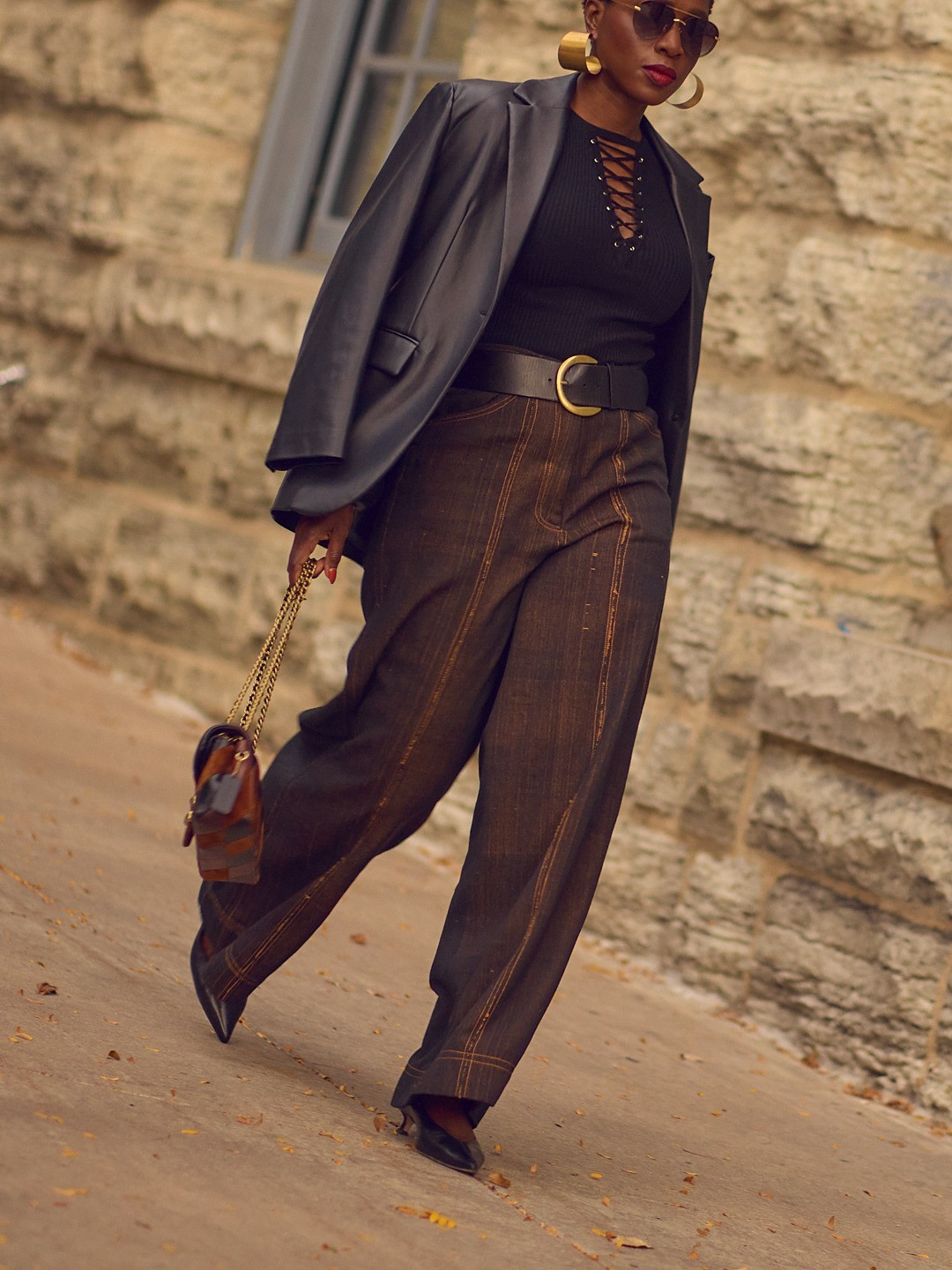 A monochrome Fall outfit with jeans and a faux leather blazer 🖤 wide-leg jeans, dressy heels, classy fashion, wide leather belt, layered looks, Coach Tabby bag, M.Gemi, Madewell, Saks, Anthropologie

#LTKOver40 #LTKStyleTip #LTKMidsize