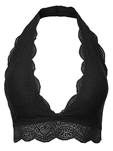 Solid Lace Cami Halter Neck Bralette Black L | Amazon (US)