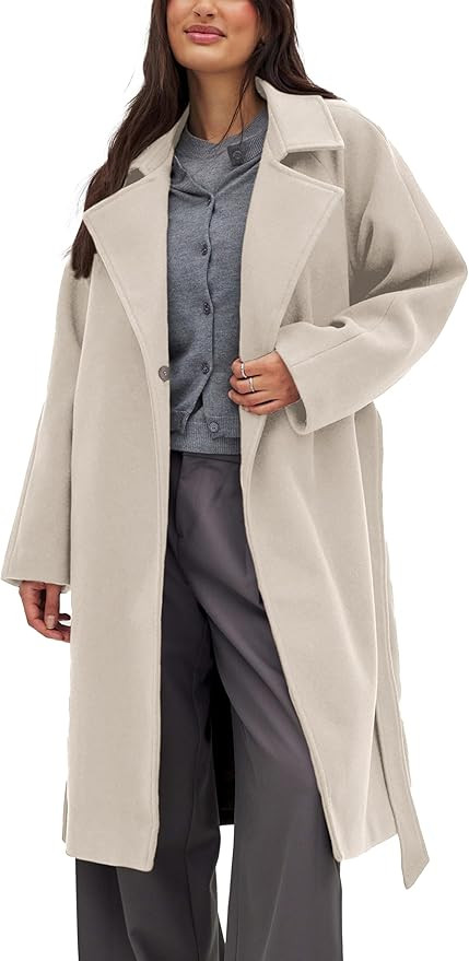 Belted Coat for Women Winter Classic Loose Open Front Notch Lapel Trench Peacoat Long Outwear wit... | Amazon (US)