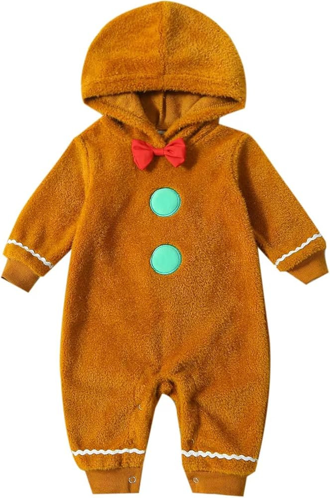 Newborn Gingerbread Costume Christmas Gingerbread Man Romper Long Sleeve Fleece Hooded Jumpsuit O... | Amazon (US)