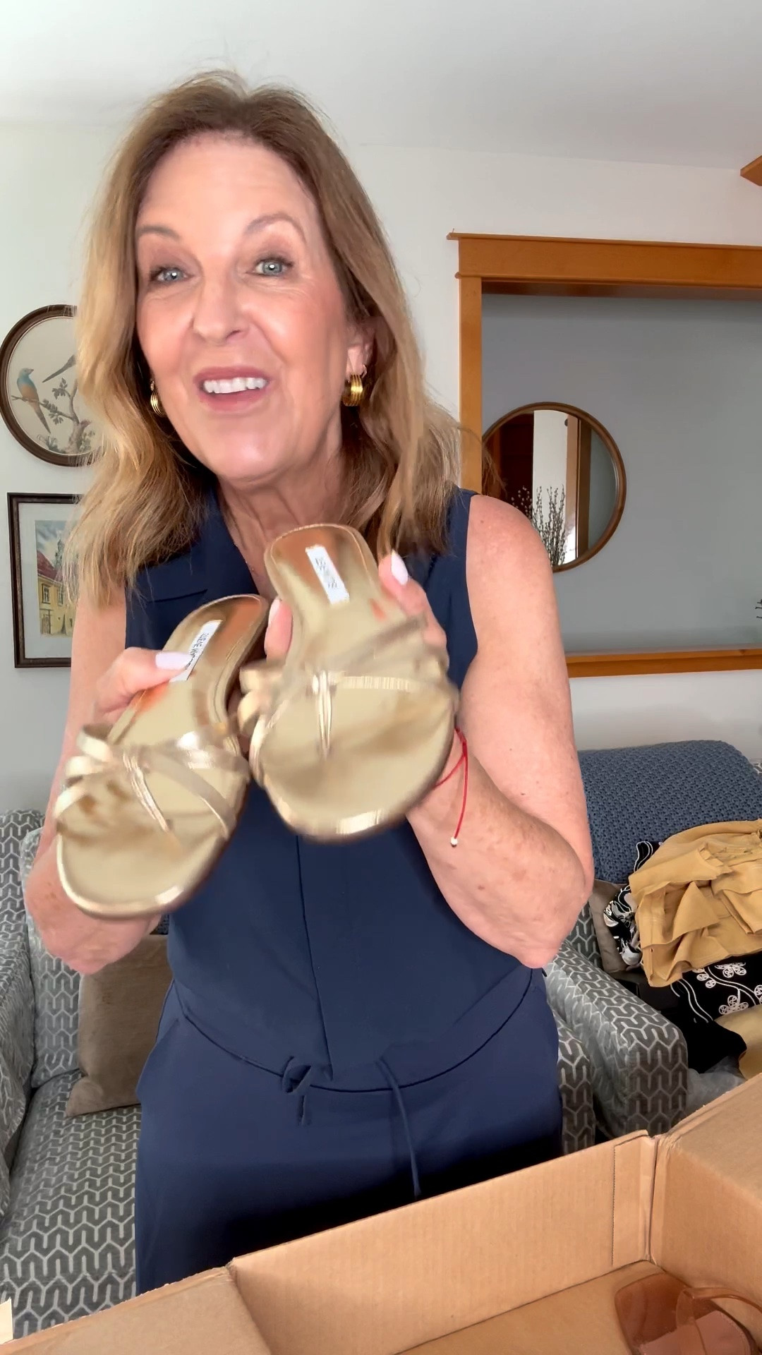 Cute gold sandal by Steve Madden. 
I'd wear them with jeans, drawstring pants, a skirt, or a dress. Super cute.  

The website says they fit tts, but it's a fitted tts. If I ordered again, I'd order up a half size for a little more room.  

@Steve Madden US

#LTKPetite #LTKOver40 #LTKSeasonal
