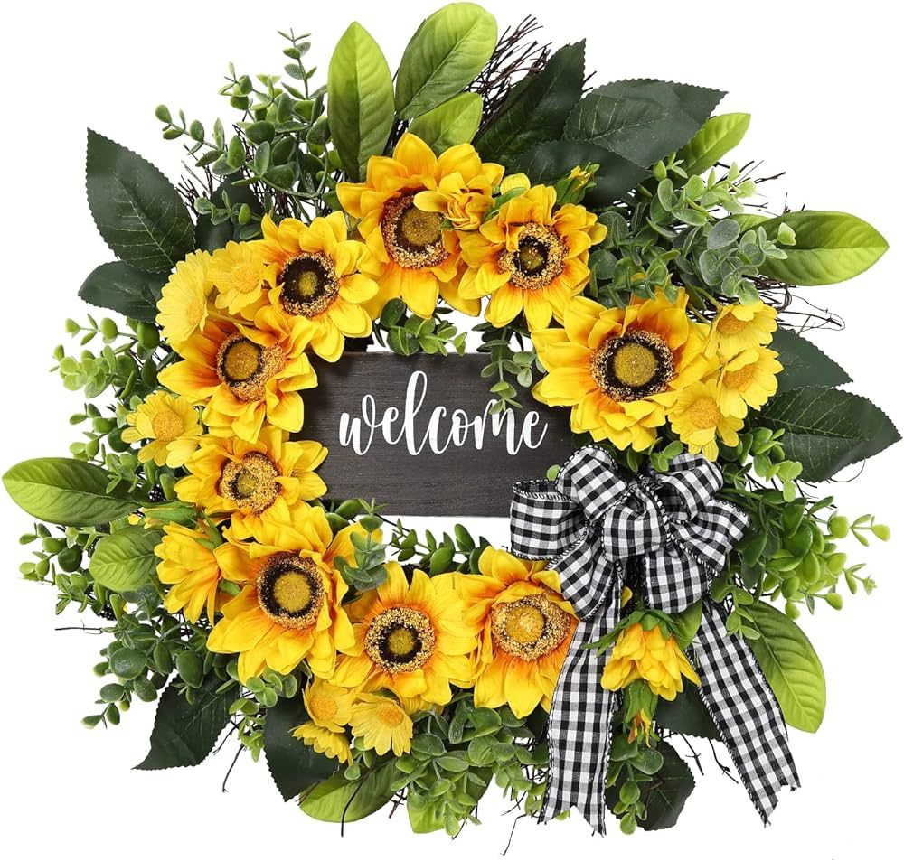 Sunflower Wreath with Welcome,Summer Fall Wreath for Front Door, Unique Housewarming Gift,mother'... | Amazon (US)