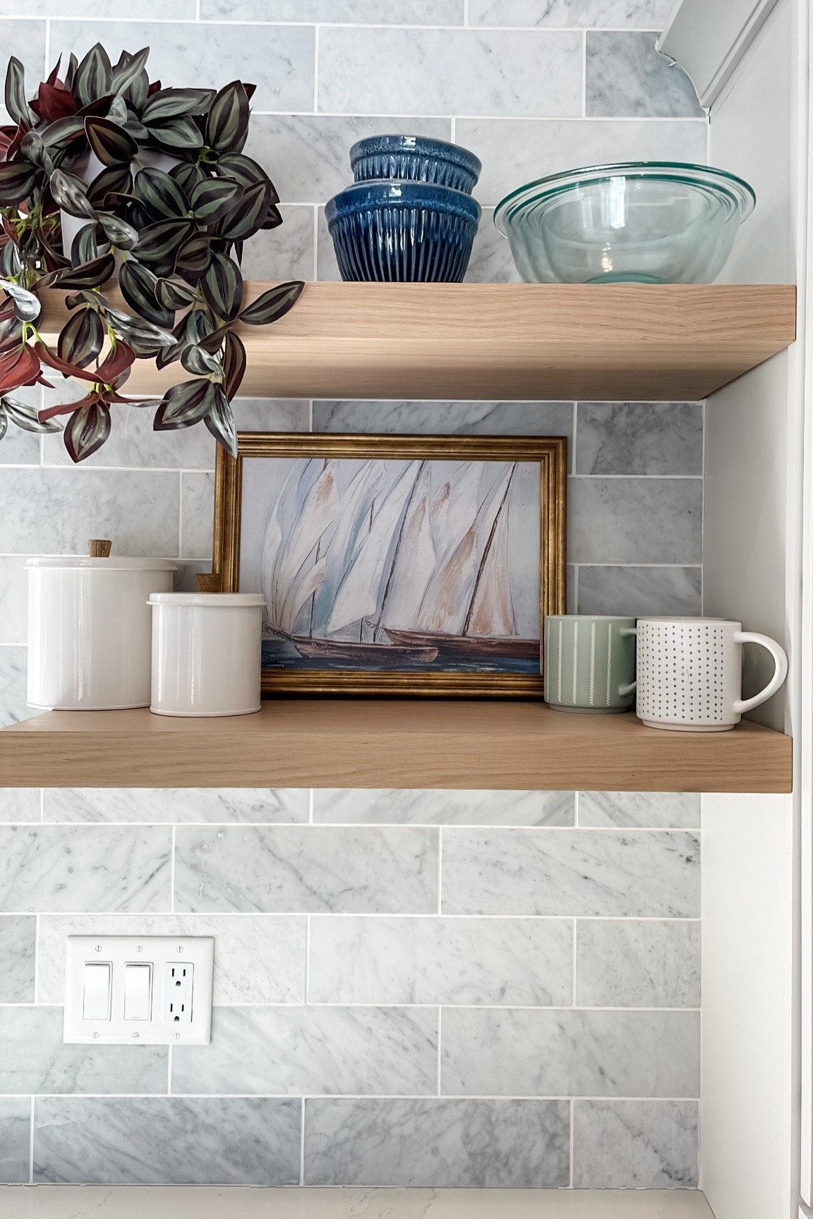 Kitchen shelf styling with new artwork from Target. Shelves are white oak with the nature stain. 

#LTKhome