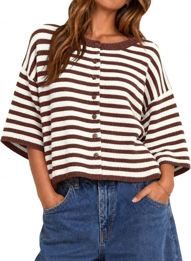 Saodimallsu Womens Short Sleeve Cardigan Cropped Striped Button Down Oversized Lightweight Knit S... | Amazon (US)