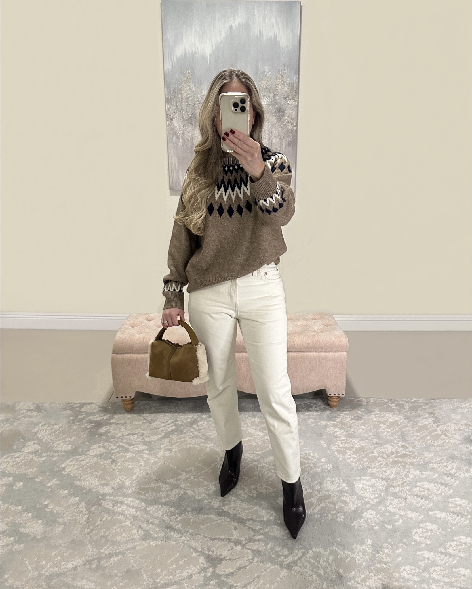 Thanksgiving outfit inspo. Jacquard  sweater. Sweater weather. Brown sweater. Knit sweater. Fair Isle sweater. Off white jeans. Boots. Thanksgiving outfit 💫

#LTKHoliday #LTKFindsUnder100 #LTKOver40