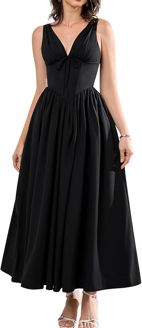 GLNEGE Women's Summer Corset Midi Milkmaid Dress Casual V Neck Flowy A Line Sundress Wedding Gues... | Amazon (US)