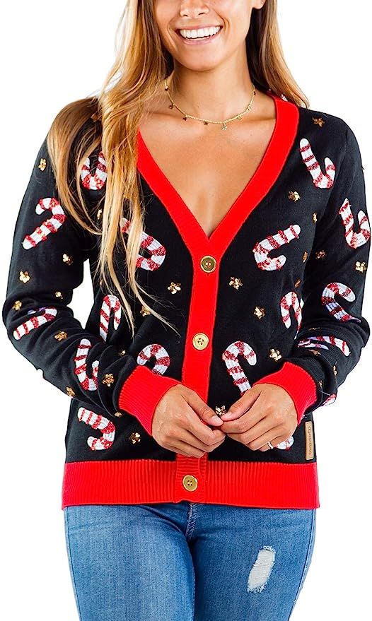 Women's Sequin Candy Cane Cardigan - Cute Candy Cane Ugly Christmas Sweater Cardigan | Amazon (US)