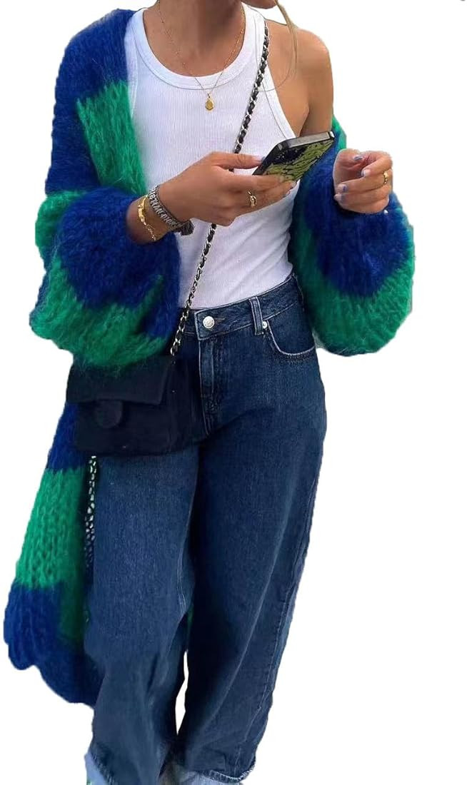 Women 2024 Fall Winter Cardigan Stripe Color Block Knit Long Sleeve Open Front Loose Sweater Coat... | Amazon (US)
