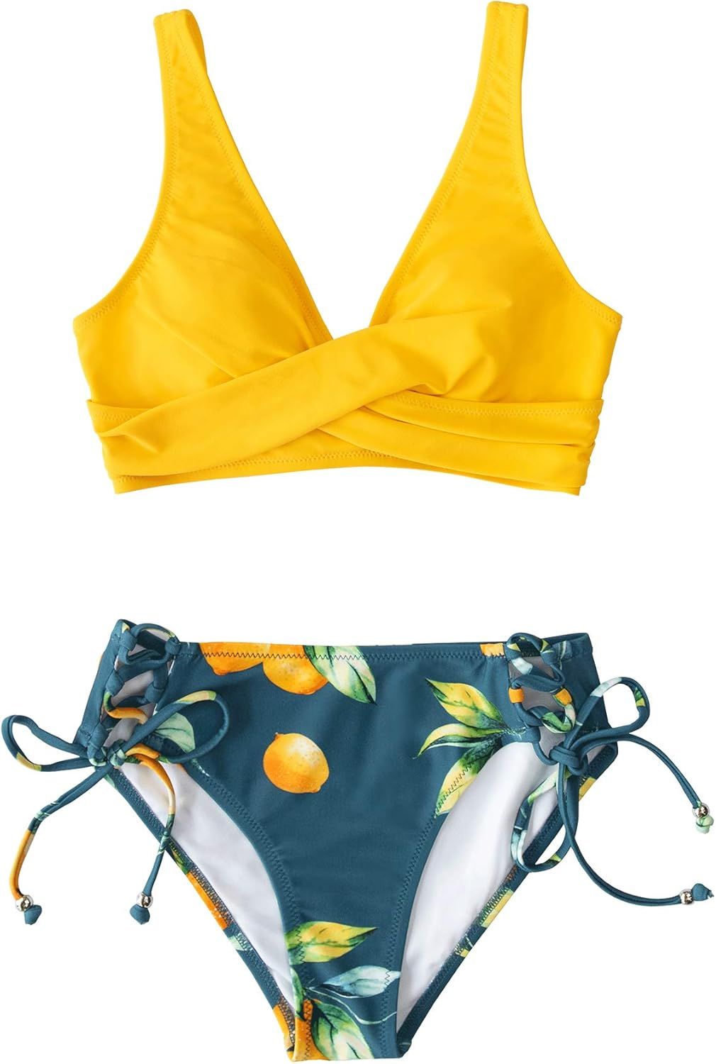 Amazon.com: CUPSHE Women's Bikini Swimsuit Floral Print Tie Side Twist Front Two Piece Bathing Suit, | Amazon (US)
