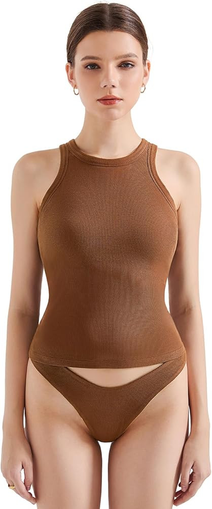 SUUKSESS Women Padded Cotton Ribbed Tank Tops High Neck Racerback Basic Tops | Amazon (US)
