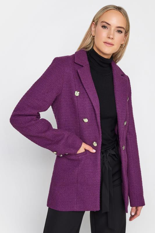 LTS Tall Dark Purple Boucle Button Detail Blazer | Long Tall Sally