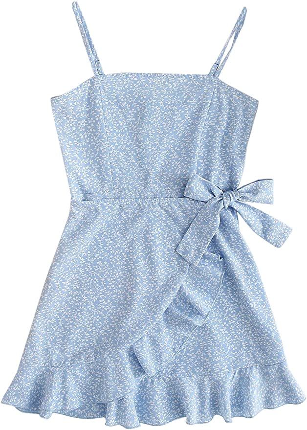 Milumia Girl's Ditsy Floral Cami Dress Spaghetti Strap Ruffle Trim Tie Side Mini Dress | Amazon (US)