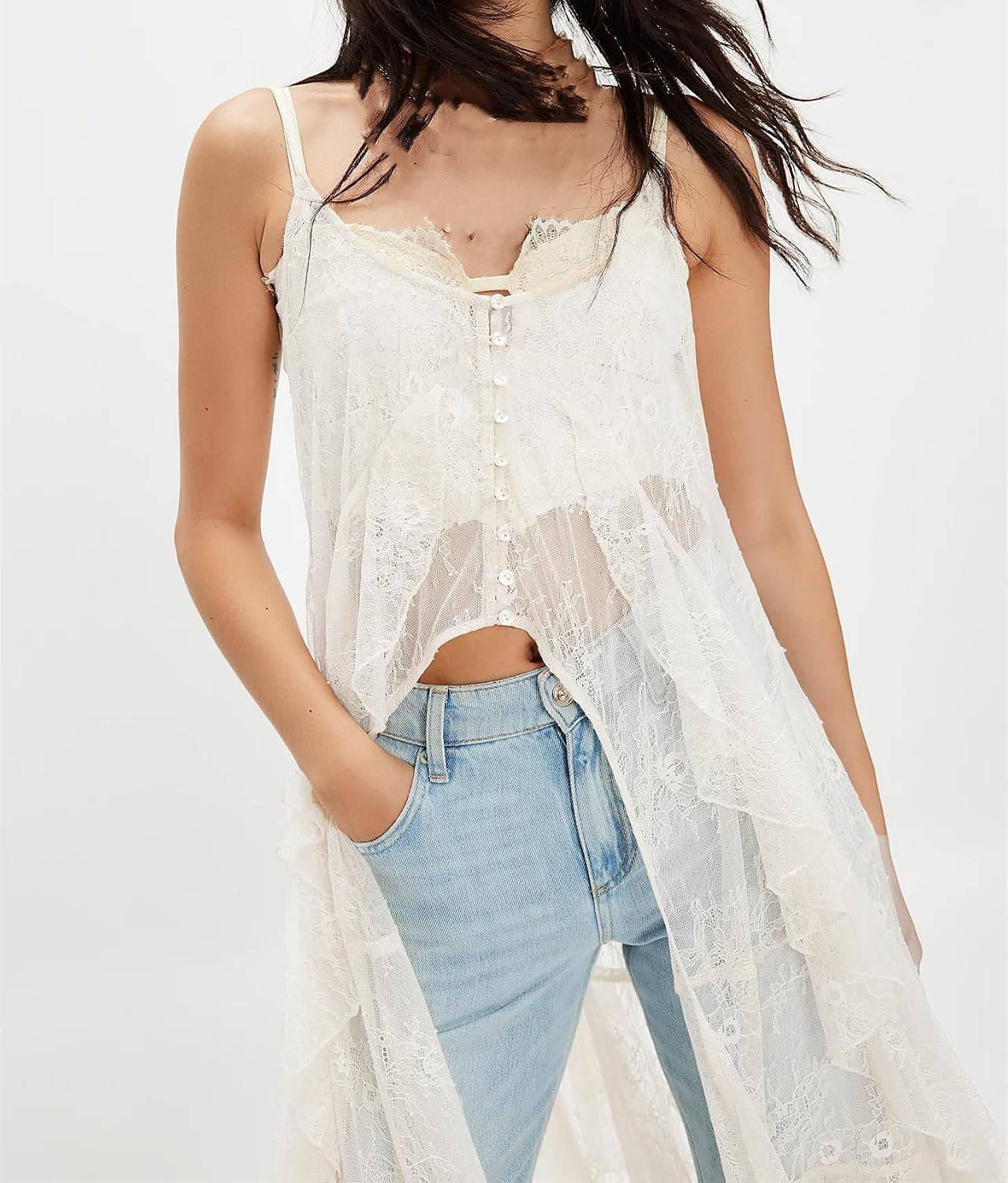Women Split Front Sheer Flowy Long Cami Shirt Maxi Flowy Strap Tank Top | Amazon (US)