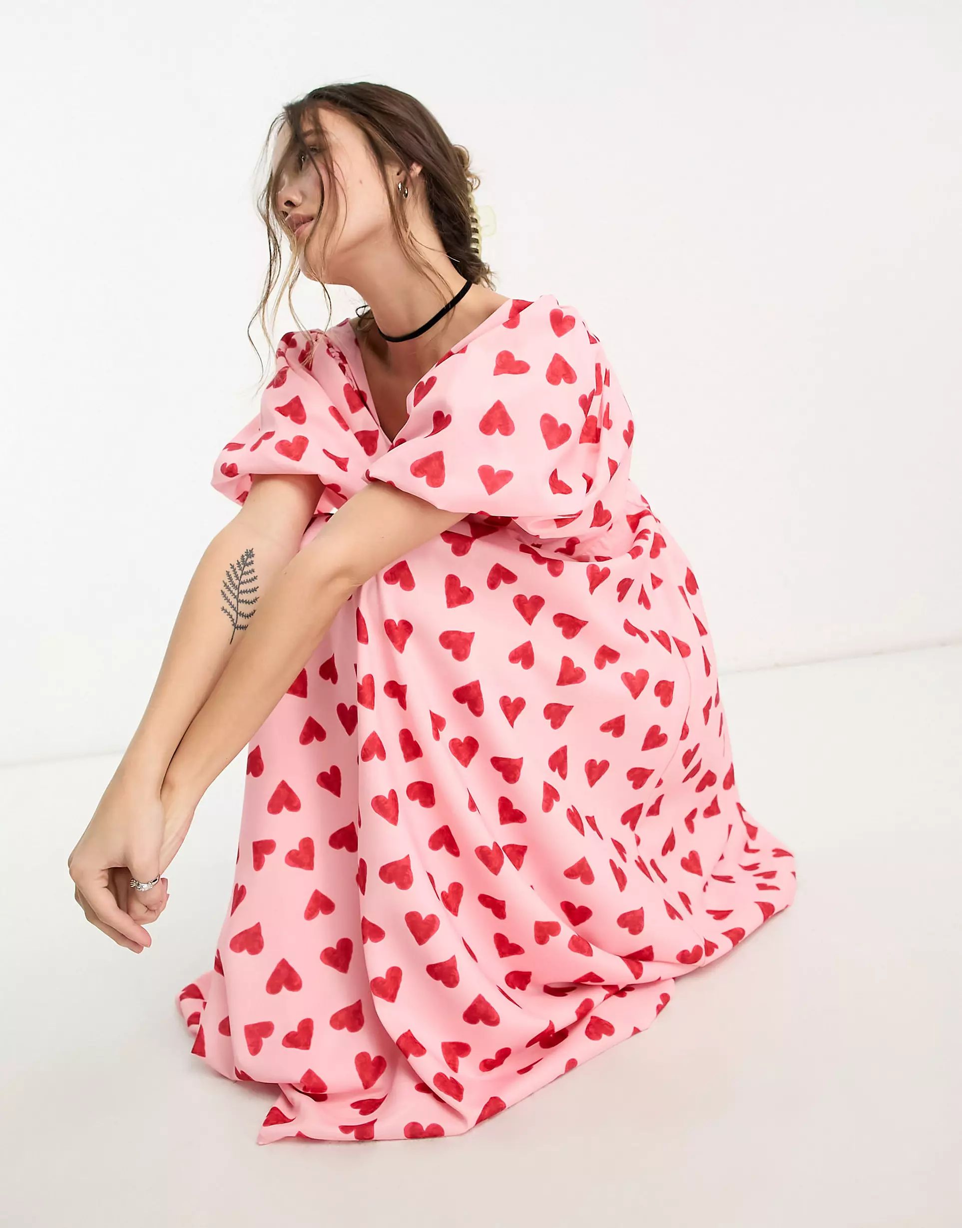 Sister Jane puff sleeve midaxi dress in pink and red heart | ASOS (Global)