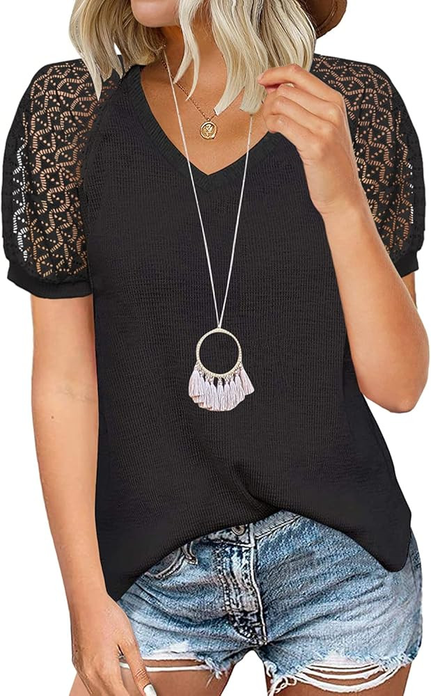 MIHOLL Women's Lace Short Sleeve V Neck Shirts Loose Casual Tops Tee Shirt | Amazon (US)