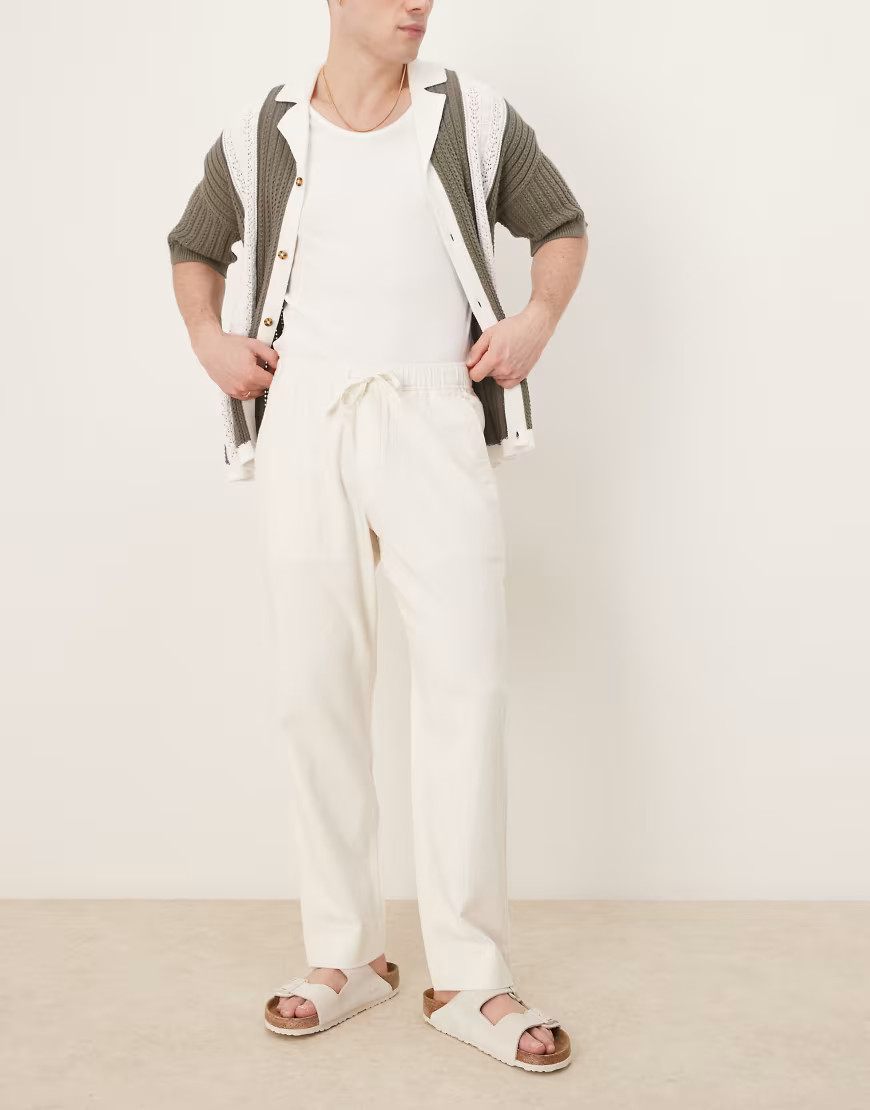 Abercrombie & Fitch baggy drawstring linen look pants in white-Black | ASOS (Global)