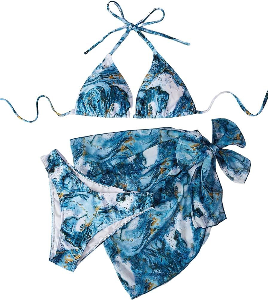 SHENHE Women's 3 Piece Textured High Cut Halter Triangle Bikini Swimsuit with Cover Up | Amazon (US)