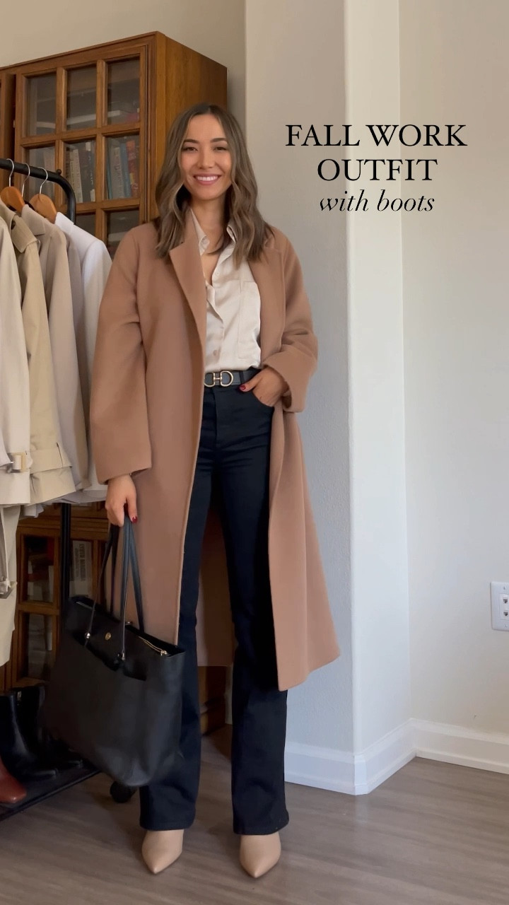 Fall work outfit with boots 
Blouse runs big size down 
Pants tts regular 
Boots tts 
Camel coat xs 
Work tote 

Workwear / business casual / smart casual 

#LTKworkwear #LTKSale #LTKsalealert