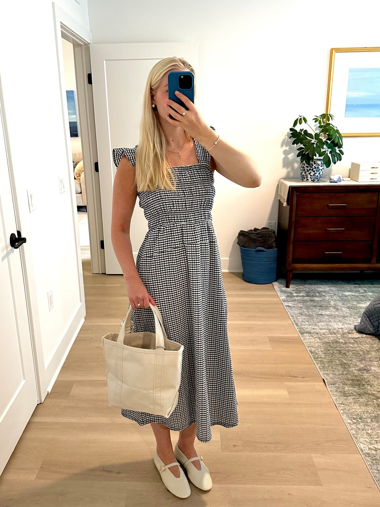 Outfit of the day for church this Sunday — my dress is a size small from Old Navy in the navy blue gingham. I also linked lots of woven Mary Jane flats at different price ranges.