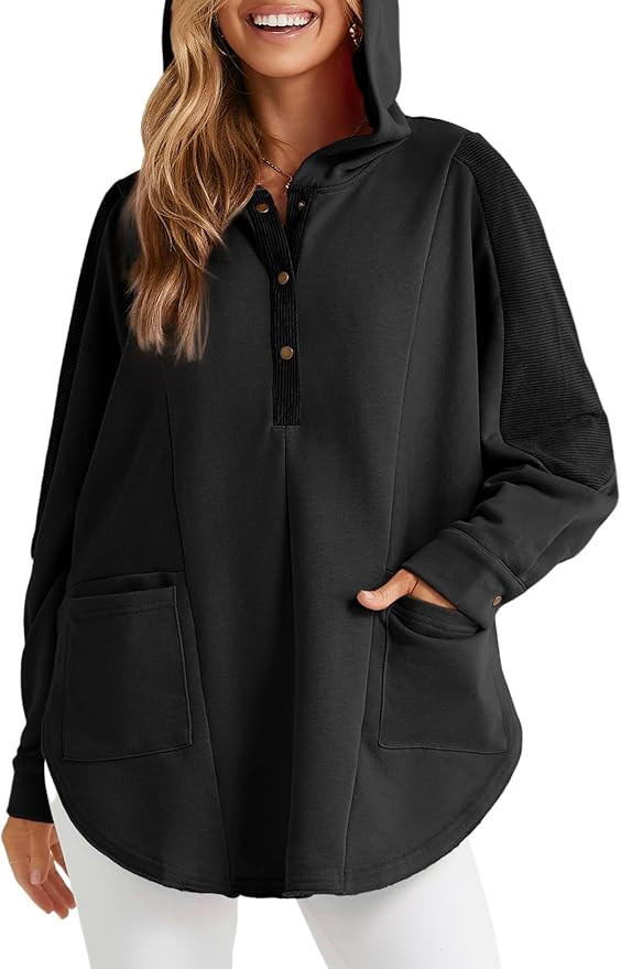 AlvaQ Women Oversized Sweatshirt Corduroy Patchwork Long Sleeve Button V Neck Hoodies Pullover Ho... | Amazon (US)