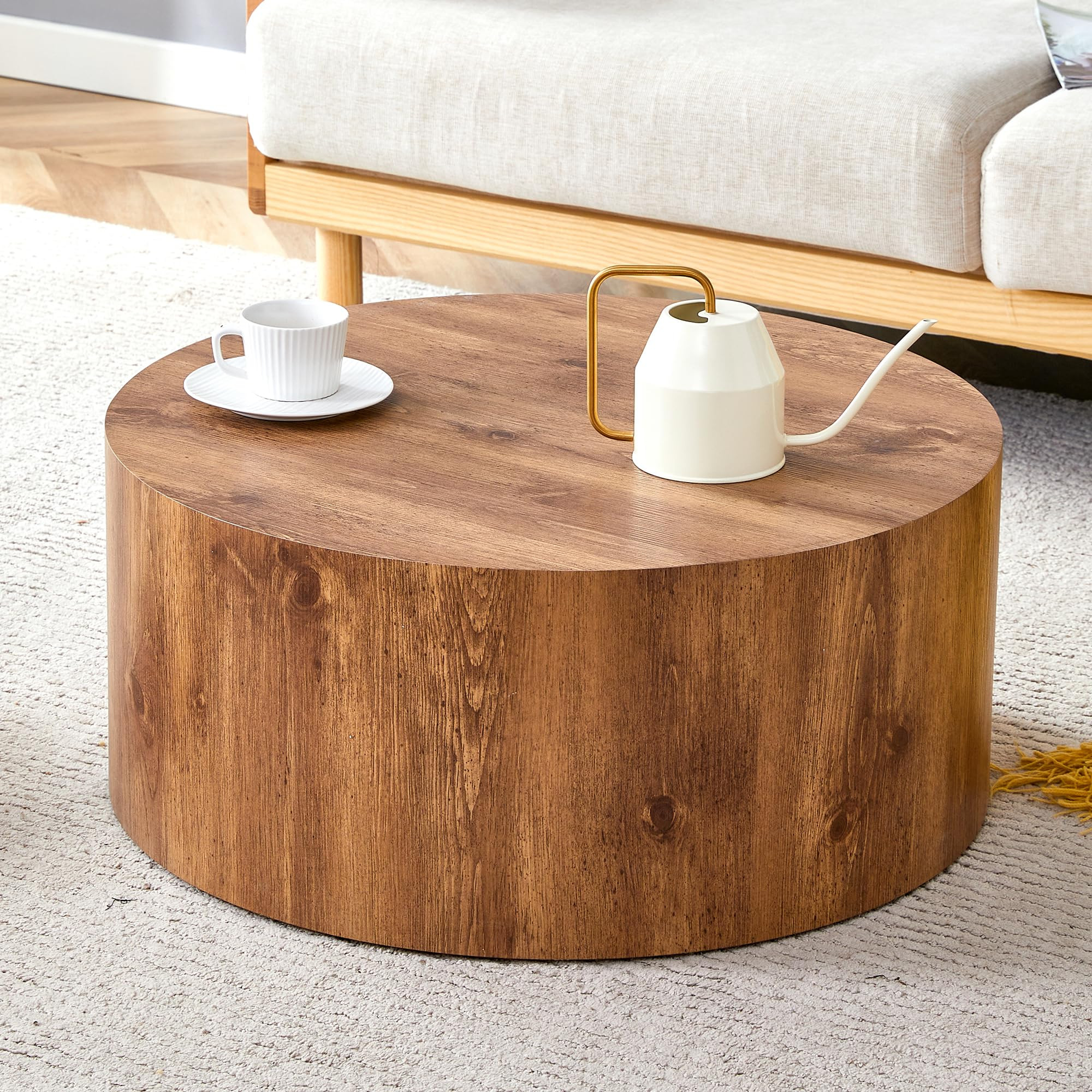 Rustic Brown Coffee Table for Living Room Round Center Table Modern Drum-Shape Wooden Cocktail Ta... | Amazon (US)