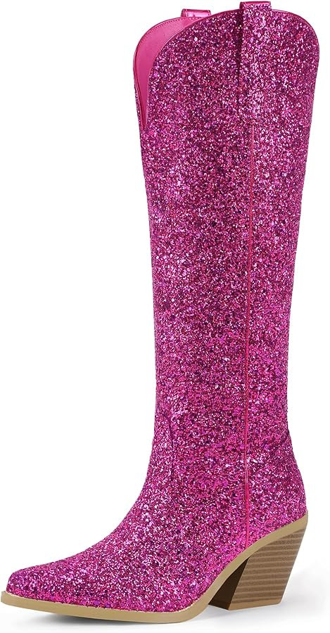 IDIFU IN3 Sparkly Cowboy Cowgirl Boots for Women Knee High Tall Long Glitter Dress Low Chunky Blo... | Amazon (US)