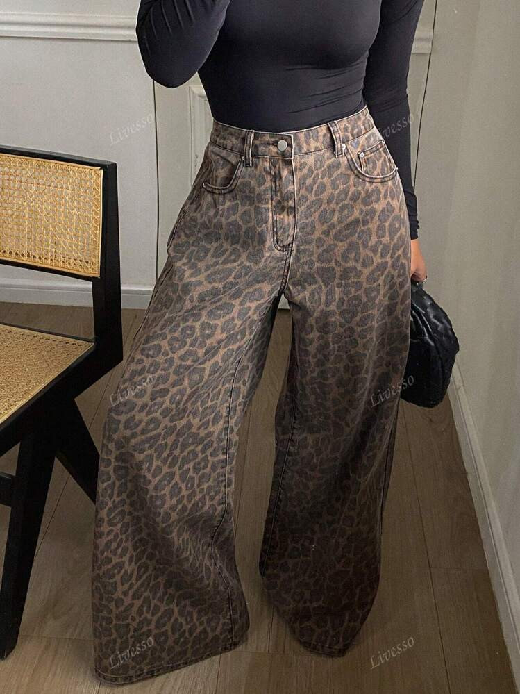 Livesso Women's Loose Leopard Print Cotton Pants | SHEIN