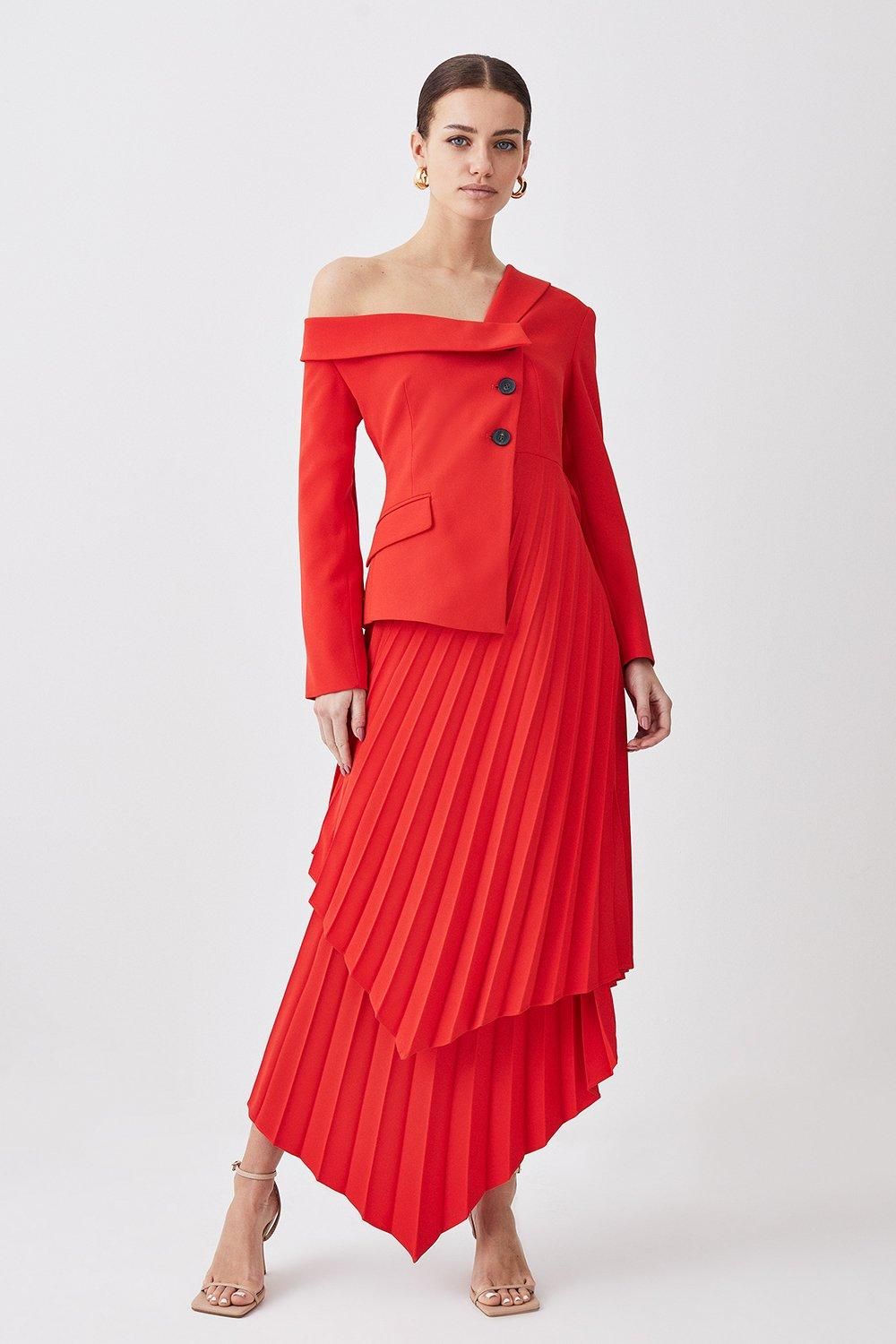 Petite Tailored Crepe Asymmetric Pleated Midi Dress | Karen Millen UK + IE + DE + NL