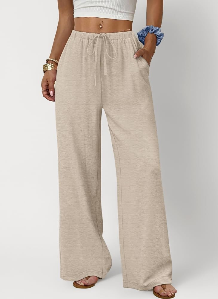 Aokosor Wide Leg Trousers for Women Flowy Palazzo Drawstring Elastic Waist Trousers with Pockets ... | Amazon (UK)