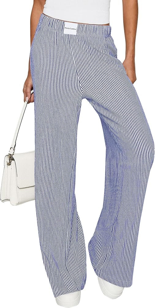 PRETTYGARDEN Women's Wide Leg Striped Pants 2025 Fall Casual High Waisted Baggy Palazzo Lounge Tr... | Amazon (US)