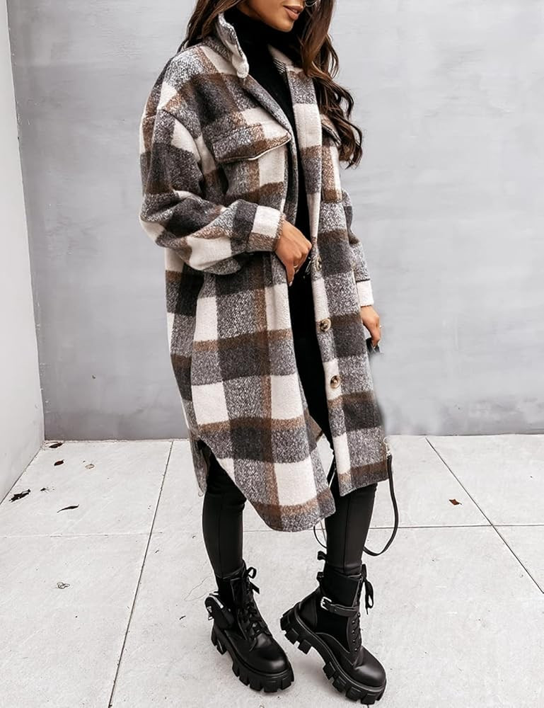 AMEBELLE Womens Fall long Flannel Plaid Grey Shacket Jacket Button UP Shirts Trench Coat | Amazon (US)
