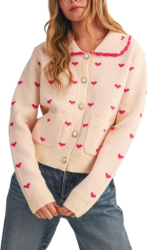 Heart Cardigan for Women Valentines Sweater Tops V Neck Button Down Open Front Cardigan Sweaters ... | Amazon (US)